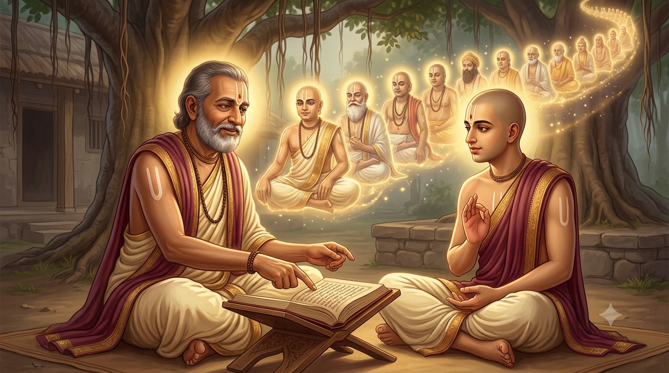 A Vaishnava spiritual teacher transmitting sacred knowledge to a disciple, illustrating guru-parampara.