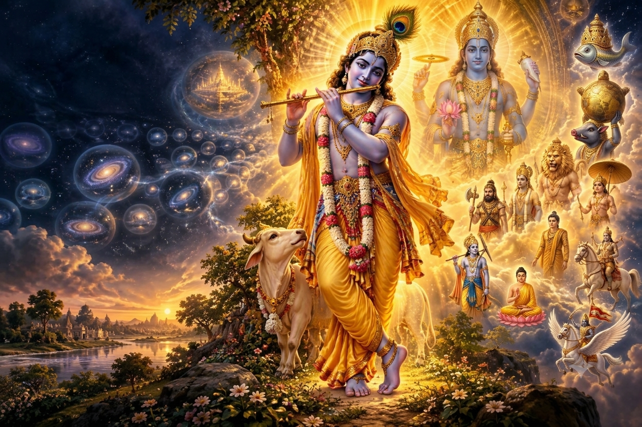 Lord Krishna standing in His divine form, illustrating the scriptural teaching that Krishna is the original source of Vishnu and all incarnations