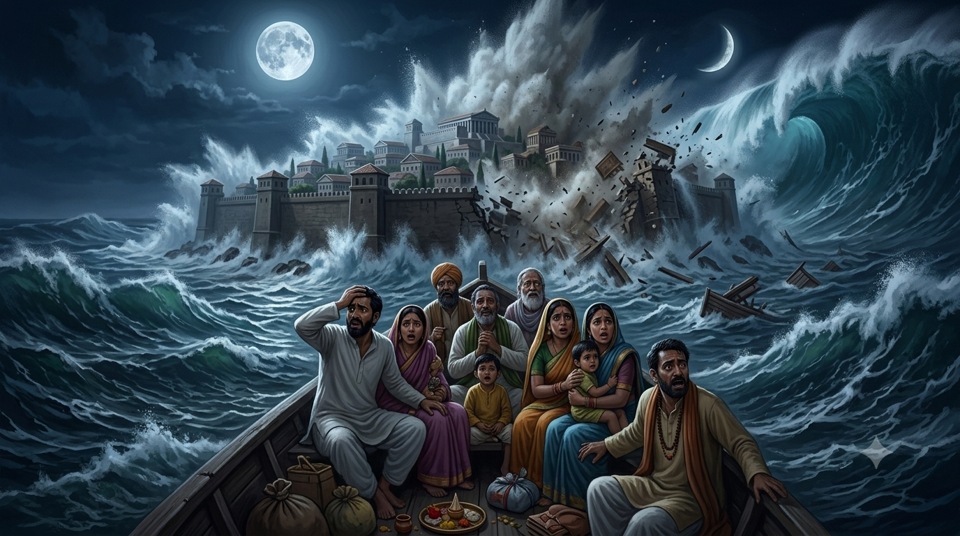 A sage guides travellers away from a sinking island towards a distant, radiant spiritual land.