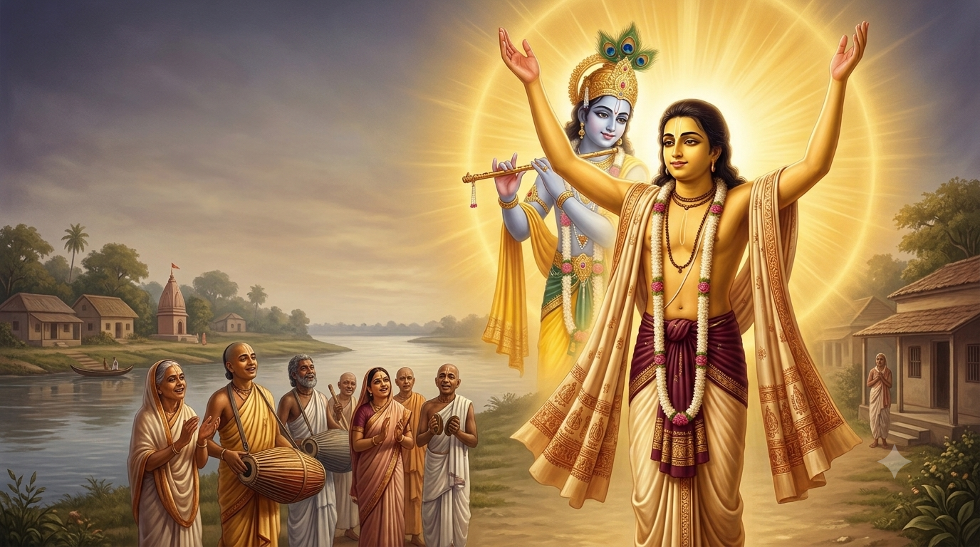 Sri Chaitanya Mahaprabhu in His golden form with raised arms, leading congregational chanting of the Hare Krishna maha-mantra