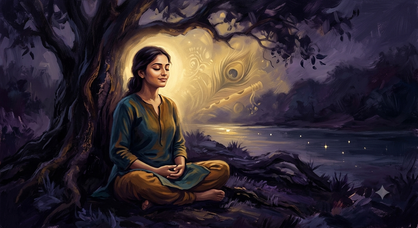 A devotee sitting calmly amidst a stormy, turbulent background, illuminated by a glowing golden divine halo, a celestial flute, and a peacock feather, illustrating inner peace through spiritual trials.
