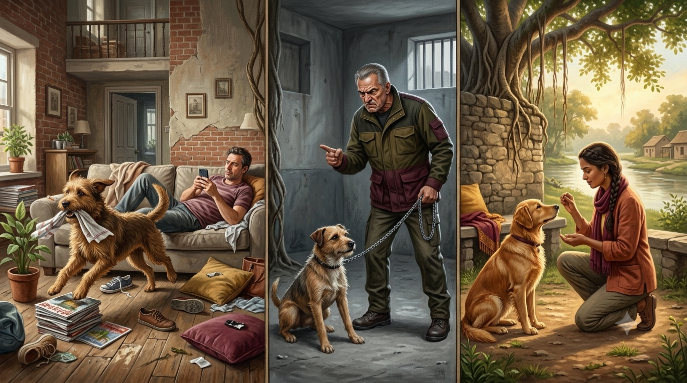 three-approaches-controlling-the-mind Illustration of three approaches to dealing with the mind through the analogy of dog ownership and training