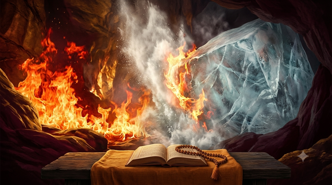 Fire and ice confronting each other, symbolising the struggle against Maya