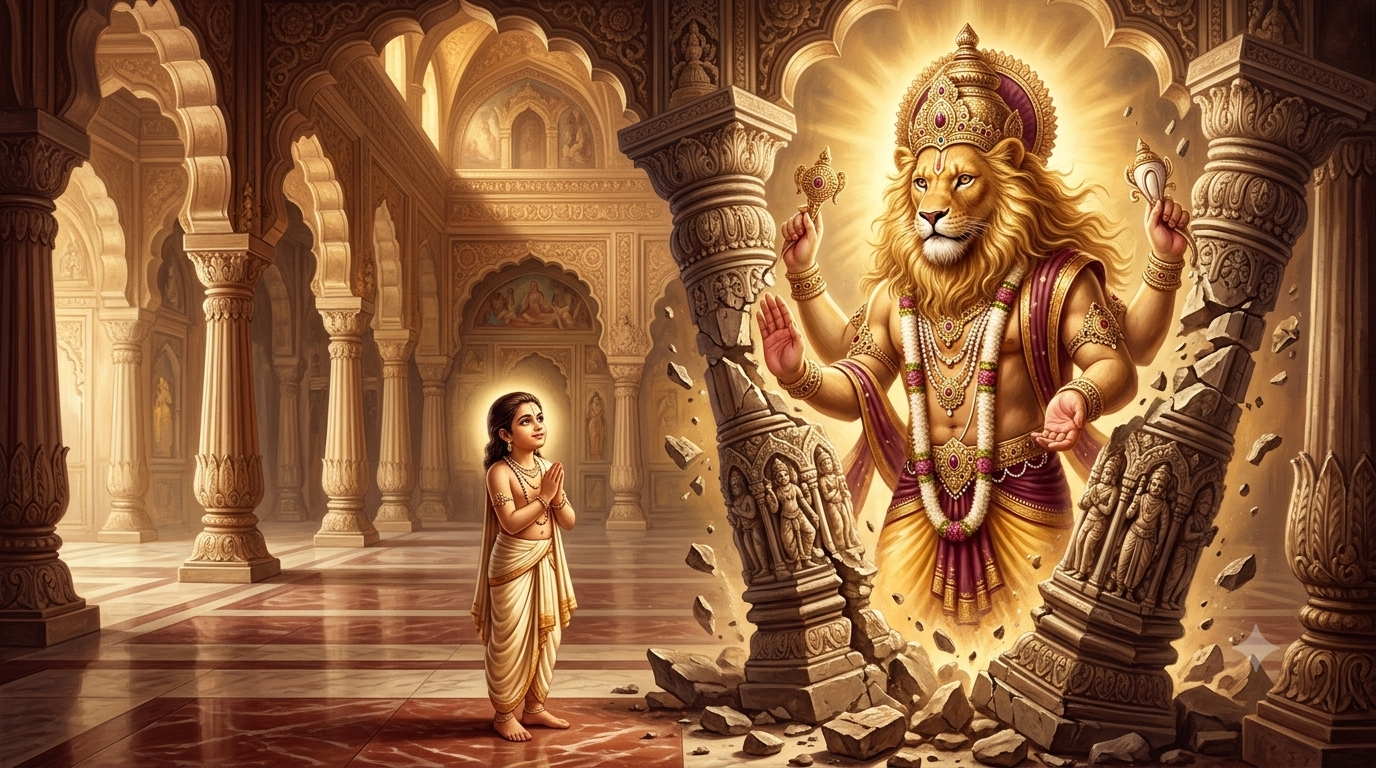 Lord Narasingha protecting Prahlad Maharaj, illustrating lessons in devotion and surrender