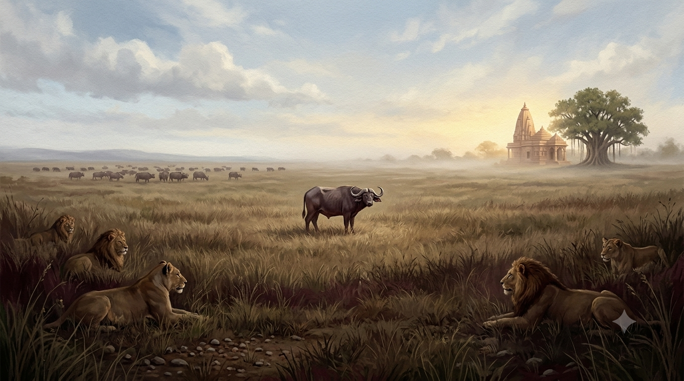 how-to-survive-kali-yuga-devotee-association A buffalo herd facing danger from lions, illustrating the importance of protection and association