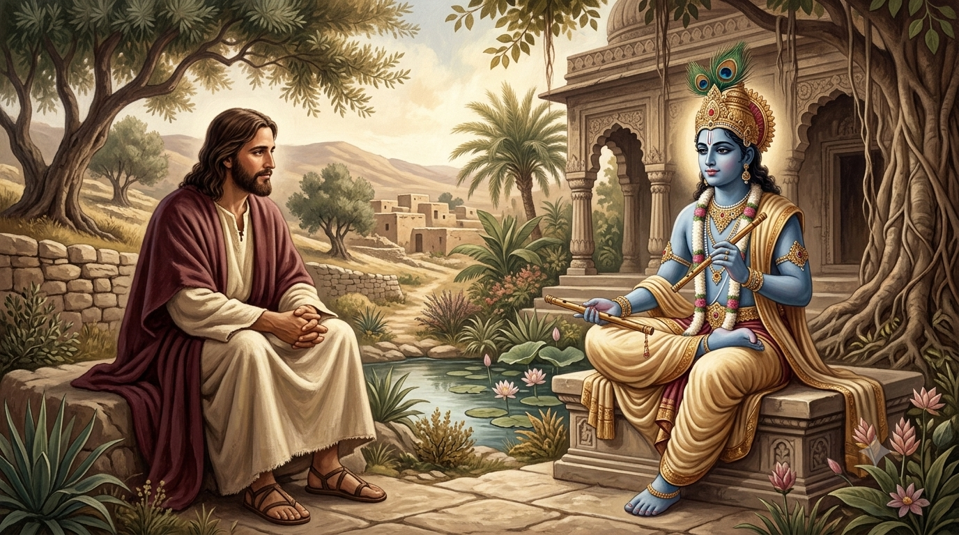 Artistic depiction of Krishna and Jesus representing a discussion of shared spiritual themes