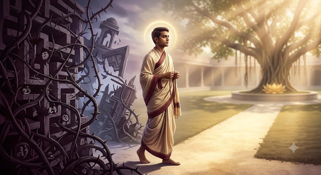 A young Indian man holding japa beads walking calmly along a sunlit path, stepping out of a shadowy, thorn-filled maze into a serene garden with a sacred banyan tree, symbolizing the transition from material fear to spiritual shelter.