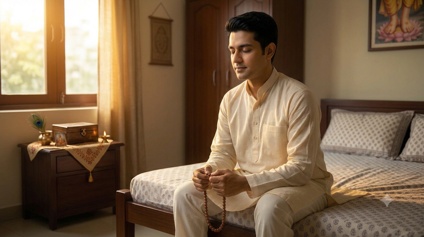 A thoughtful young Indian man in traditional cream attire sitting quietly on his bed in a sunlit room, holding japa beads with a closed book nearby, symbolizing self-examination and spiritual awakening.