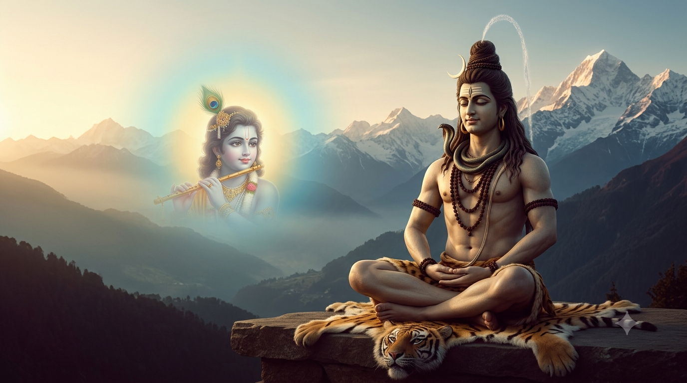 Lord Shiva meditating in devotion to Lord Krishna in a serene Himalayan setting