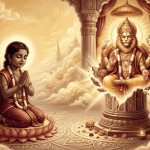 Devotional illustration of Prahlad Maharaj offering prayers in a serene spiritual setting.