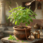 Sacred Tulasi plant courtyard worship during sunrise
