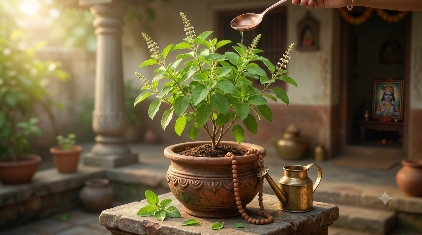 Glories-of-tulasi Sacred Tulasi plant courtyard worship during sunrise