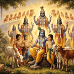 A traditional devotional painting in a 16:9 aspect ratio shows the four-headed Lord Brahma standing on a platform, gazing in profound astonishment. In the foreground and background, the young Lord Krishna and the cowherd boys and calves are simultaneously revealed to him as identical, four-armed forms of Lord Narayana, radiating a golden effulgence and arranged in concentric arcs within a lush Vrindavan grove. Numerous smaller Brahmas from different universes are bowing in the cosmic background.