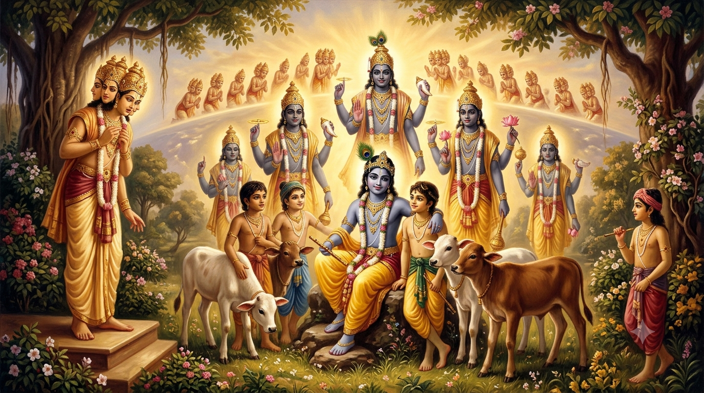A traditional devotional painting in a 16:9 aspect ratio shows the four-headed Lord Brahma standing on a platform, gazing in profound astonishment. In the foreground and background, the young Lord Krishna and the cowherd boys and calves are simultaneously revealed to him as identical, four-armed forms of Lord Narayana, radiating a golden effulgence and arranged in concentric arcs within a lush Vrindavan grove. Numerous smaller Brahmas from different universes are bowing in the cosmic background.